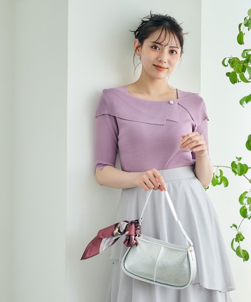 12Twelve Agenda（トゥエルブ　アジェンダ）の「パール釦アシメオフショル5分袖ニットプルオーバー（ニット/セーター・レディース・グレイッシュベージュ/ブルーグリーン/グリーン/ピンク・M）」の18枚目の写真