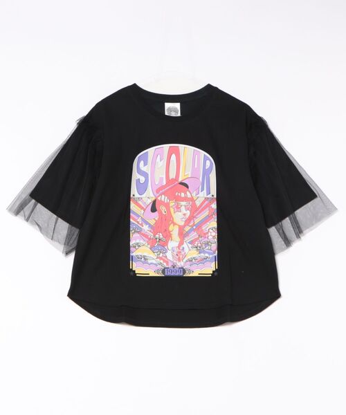 Tシャツ ScoLar スカラー 152707 キノコ柄とアニメ風女の子チュール重ねTシャツ トップス カジュアル ガーリー 原宿系 個性的 ポイント 152707：キノコ柄とアニメ風女の子チュール重ねTシャツの通販-ScoLar