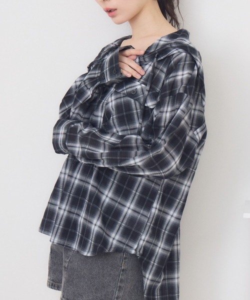 ブラウス シャツ シアーチェックフードシャツ レディース AZUL BY MOUSSY | シアーチェックフードシャツ (シャツ