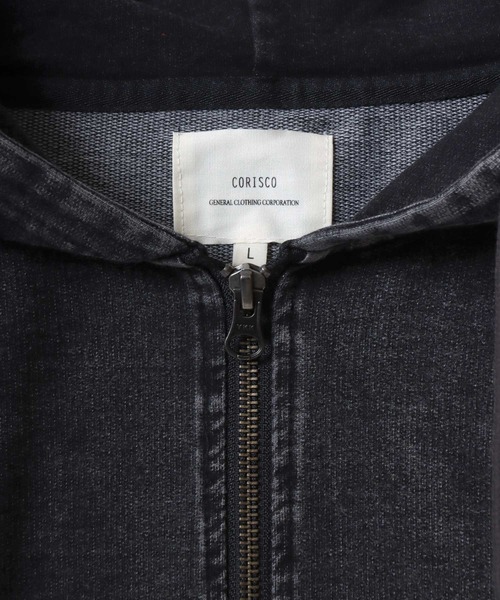 ANPAS（アンパス）の「Vintage Design Chemical Denim Zip Hoodie/【セットアップ対応】ケミカル加工 カットデニム ストレッチ スウェット フルジップ パーカー メンズ レディース（パーカー・メンズ・ブラック/ブルー・L/M/LL）」の16枚目の写真