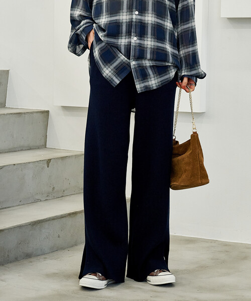 セール】＜マシーンウォッシャブル＞シルク入り リブニットパンツ