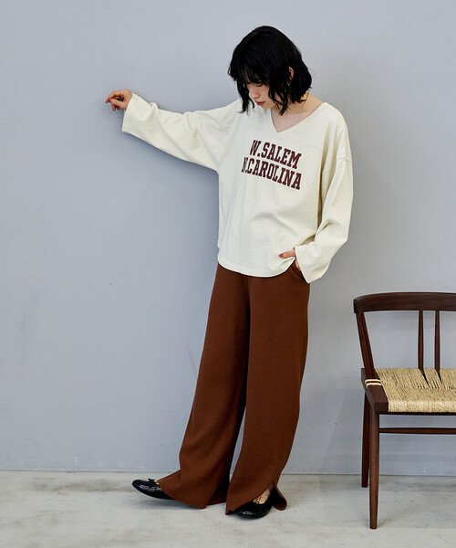 FREAK'S STORE(フリークスストア)の「<マシーンウォッシャブル>シルク入り リブニットパンツ/セットアップ対応(その他パンツ・レディース・ネイビー/オフホワイト/キャメル/チャコール・フリ-)」の8枚目の写真