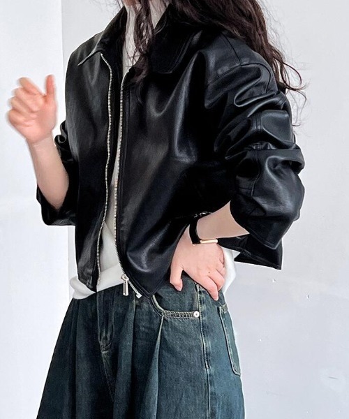 ショート丈 シンプルデザイン レザージャケット（ライダースジャケット