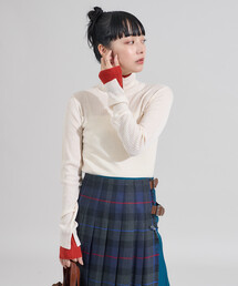 ウォッシャブル 配色 レイヤード タートルニット/レイヤード風ニット