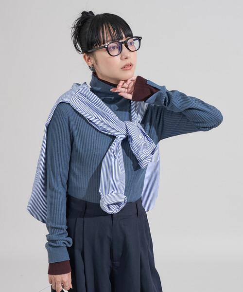 ウォッシャブル 配色 レイヤード タートルニット/レイヤード風ニット