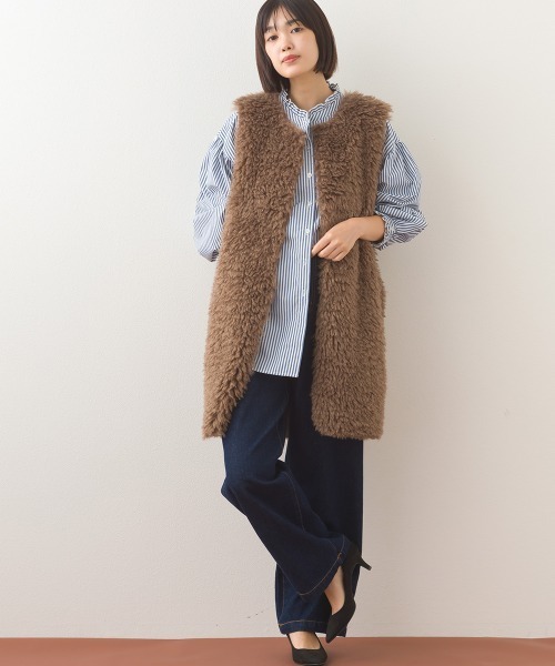 OMNES（オムネス）の「ノーカラープードルファーロングジレベスト（ベスト・レディース・ブラウン/ダークグレー/ベージュ・FREE）」の18枚目の写真