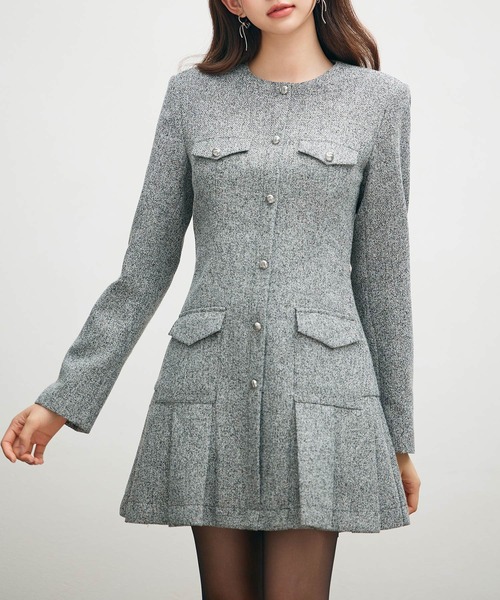 ローウエストミニ丈プリーツツイードワンピース（ワンピース）｜SAISON
