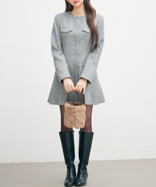 ローウエストミニ丈プリーツツイードワンピース（ワンピース）｜SAISON