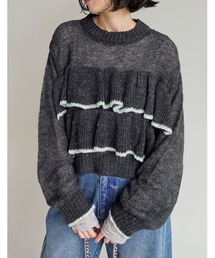 透かし編みモヘアタッチフリルニットトップス