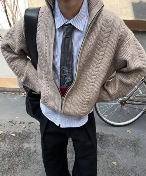 セール】ケーブル編みハーフジップニットブルゾン（ニット/セーター
