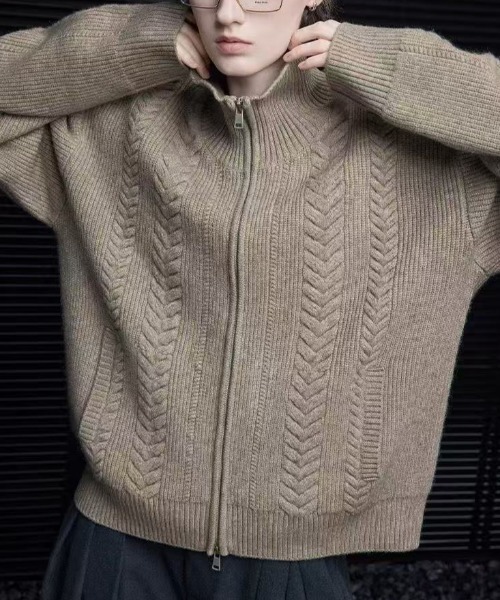 セール】ケーブル編みハーフジップニットブルゾン（ニット/セーター