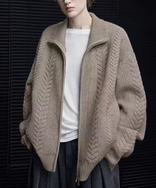セール】ケーブル編みハーフジップニットブルゾン（ニット/セーター
