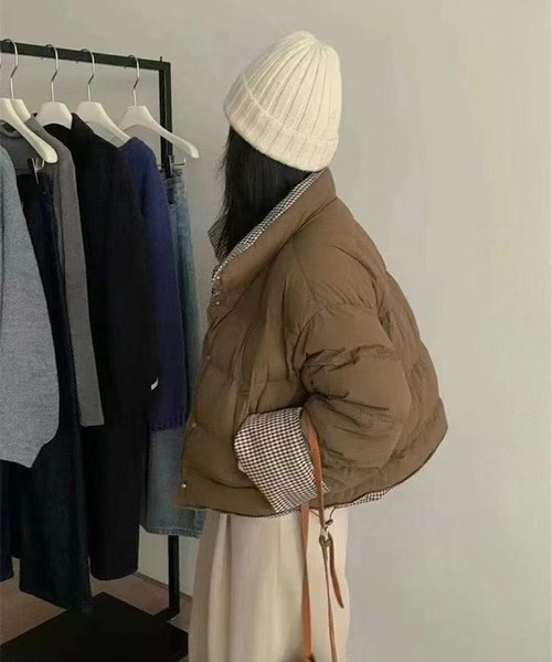 nonomi（ノノミ）の「チェック切り替え中綿スタンドカラージャケット（ダウンジャケット/コート・レディース・ブラウン/ブラック/アイボリー・FREE）」の3枚目の写真