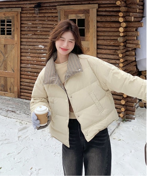 セール】チェック切り替え中綿スタンドカラージャケット（ダウン