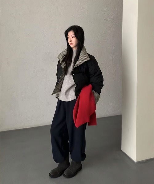 nonomi（ノノミ）の「チェック切り替え中綿スタンドカラージャケット（ダウンジャケット/コート・レディース・ブラウン/ブラック/アイボリー・FREE）」の6枚目の写真
