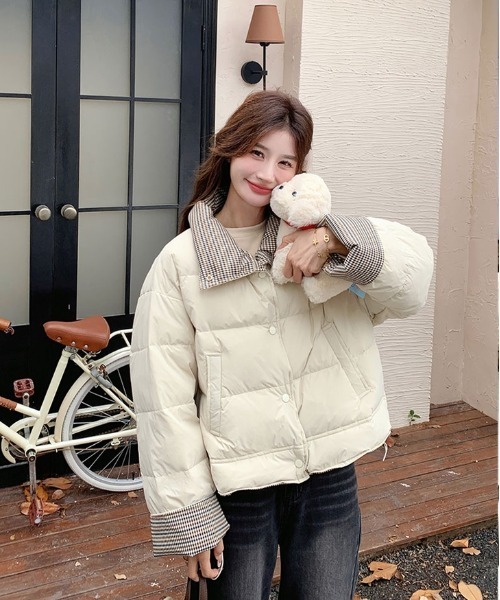 セール】チェック切り替え中綿スタンドカラージャケット（ダウン