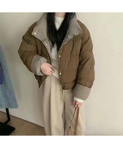 セール】チェック切り替え中綿スタンドカラージャケット（ダウン