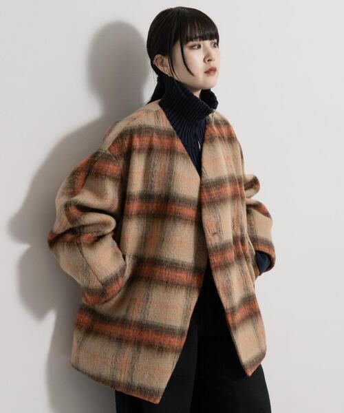 THE GOODLAND MARKET（ザグッドランドマーケット）の「cwtch　CHECK MIDDLE COAT（ノーカラージャケット・レディース・ベージュ系その他/ブルー系その他・FREE）」の19枚目の写真