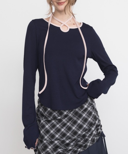 idem（イデム）の「bi color choker long sleeve tops / バイカラーチョーカーロングスリーブトップス（Tシャツ/カットソー・レディース・ネイビー/モカ・FREE）」の9枚目の写真