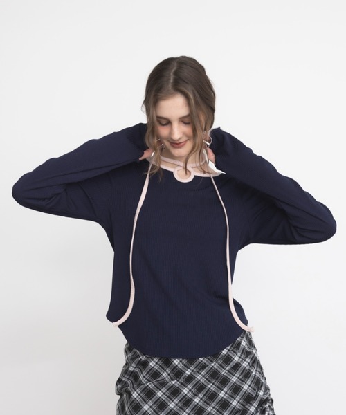idem（イデム）の「bi color choker long sleeve tops / バイカラーチョーカーロングスリーブトップス（Tシャツ/カットソー・レディース・ネイビー/モカ・FREE）」の10枚目の写真