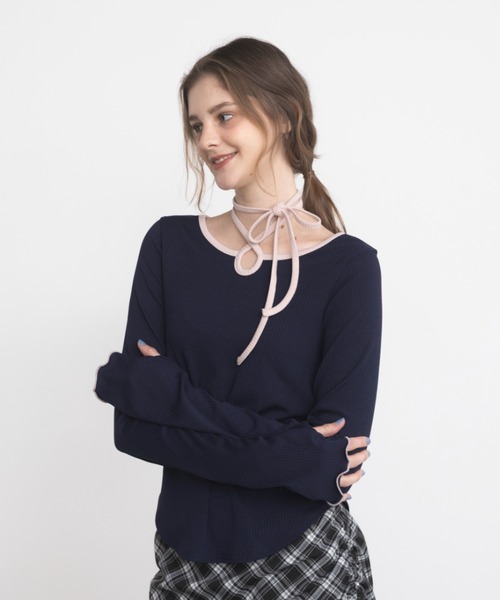idem（イデム）の「bi color choker long sleeve tops / バイカラーチョーカーロングスリーブトップス（Tシャツ/カットソー・レディース・ネイビー/モカ・FREE）」の12枚目の写真