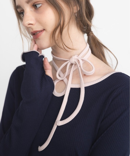 idem（イデム）の「bi color choker long sleeve tops / バイカラーチョーカーロングスリーブトップス（Tシャツ/カットソー・レディース・ネイビー/モカ・FREE）」の15枚目の写真