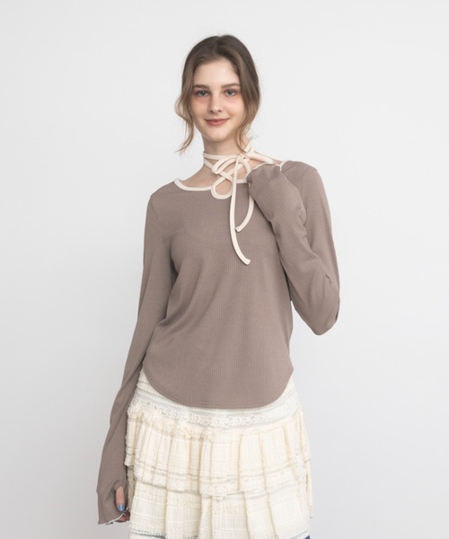 idem（イデム）の「bi color choker long sleeve tops / バイカラーチョーカーロングスリーブトップス（Tシャツ/カットソー・レディース・ネイビー/モカ・FREE）」の22枚目の写真