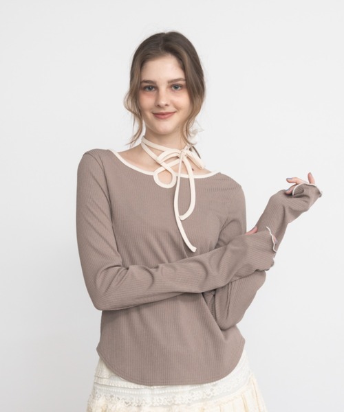 idem(イデム)の「bi color choker long sleeve tops / バイカラーチョーカーロングスリーブトップス(Tシャツ/カットソー・レディース・ネイビー/モカ・FREE)」の21枚目の写真