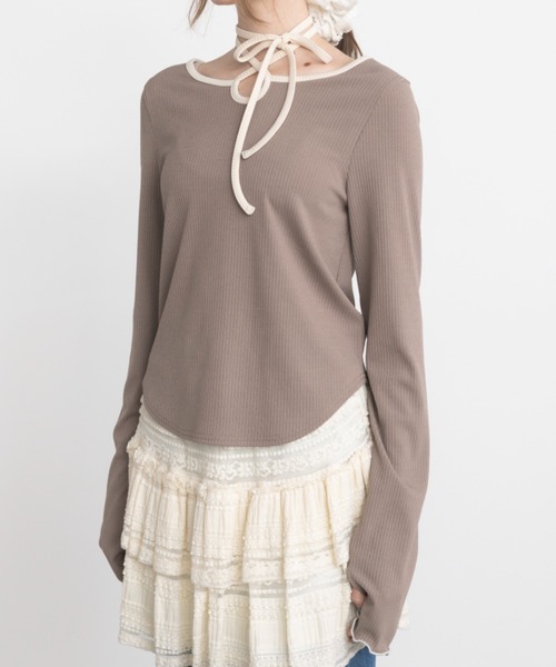 idem(イデム)の「bi color choker long sleeve tops / バイカラーチョーカーロングスリーブトップス(Tシャツ/カットソー・レディース・ネイビー/モカ・FREE)」の22枚目の写真