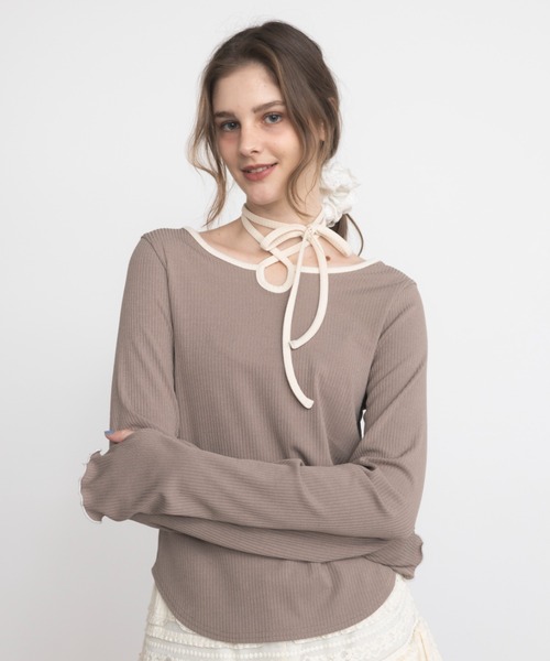 idem（イデム）の「bi color choker long sleeve tops / バイカラーチョーカーロングスリーブトップス（Tシャツ/カットソー・レディース・ネイビー/モカ・FREE）」の3枚目の写真