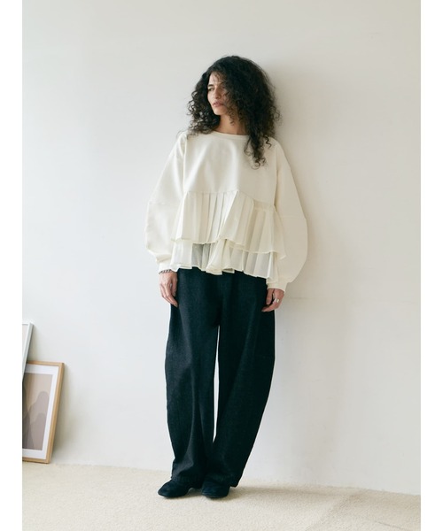 Brown&Street(ブラウンアンドストリート)の「プリーツレイヤードぺプラム(スウェット・レディース・ブラック/オフホワイト・FREE)」の4枚目の写真