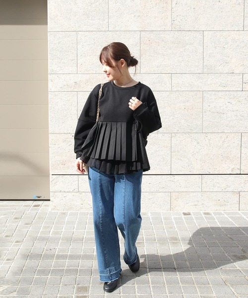 Brown&Street(ブラウンアンドストリート)の「プリーツレイヤードぺプラム(スウェット・レディース・ブラック/オフホワイト・FREE)」の14枚目の写真