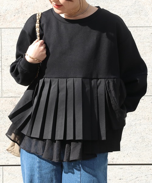 Brown&Street(ブラウンアンドストリート)の「プリーツレイヤードぺプラム(スウェット・レディース・ブラック/オフホワイト・FREE)」の15枚目の写真