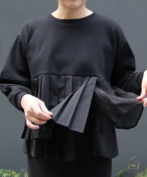Brown&Street(ブラウンアンドストリート)の「プリーツレイヤードぺプラム(スウェット・レディース・ブラック/オフホワイト・FREE)」の21枚目の写真