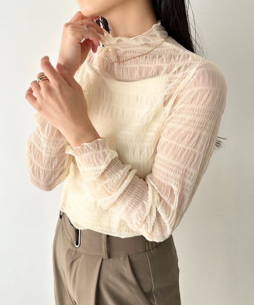 LOVALOT（ラバロット）の「シアーハイネックトップス ギャザー（Tシャツ/カットソー・レディース・ブラック/アイボリー/ホワイト・FREE）」の18枚目の写真