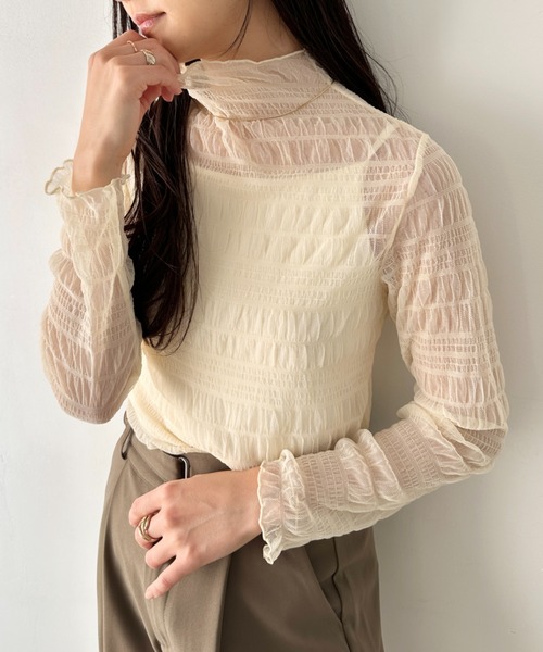 LOVALOT（ラバロット）の「シアーハイネックトップス ギャザー（Tシャツ/カットソー・レディース・ブラック/アイボリー/ホワイト・FREE）」の19枚目の写真