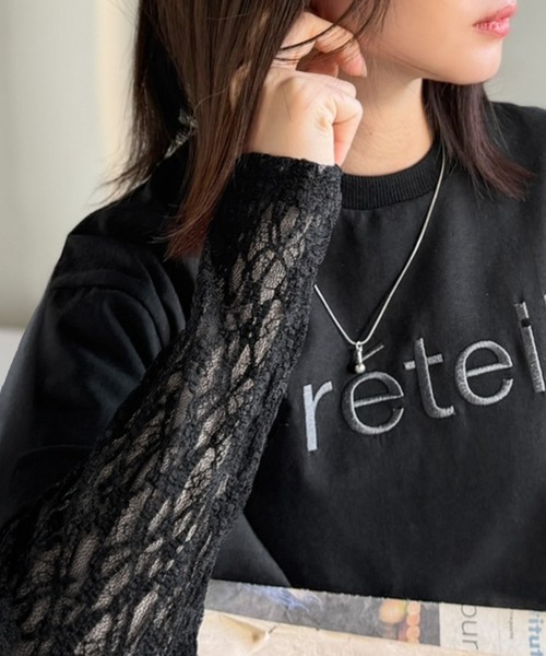 classicalelf（クラシカルエルフ）の「レースでカジュアルの中に女性らしさをプラス!レイヤード風レース袖ドッキングTシャツ（レース柄アソート）（Tシャツ/カットソー・レディース・チャコール/オフホワイト/ブラック・LARGE/MEDIUM/SMALL/X-LARGE）」の2枚目の写真