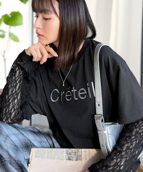 classicalelf（クラシカルエルフ）の「レースでカジュアルの中に女性らしさをプラス!レイヤード風レース袖ドッキングTシャツ（レース柄アソート）（Tシャツ/カットソー・レディース・チャコール/オフホワイト/ブラック・LARGE/MEDIUM/SMALL/X-LARGE）」の12枚目の写真