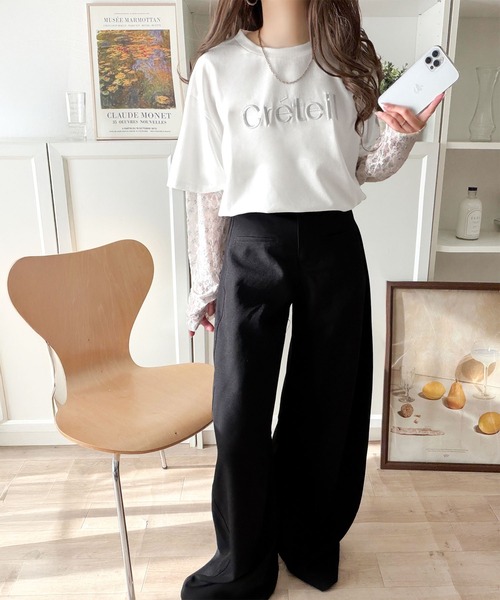 classicalelf（クラシカルエルフ）の「レースでカジュアルの中に女性らしさをプラス!レイヤード風レース袖ドッキングTシャツ（レース柄アソート）（Tシャツ/カットソー・レディース・チャコール/オフホワイト/ブラック・LARGE/MEDIUM/SMALL/X-LARGE）」の8枚目の写真