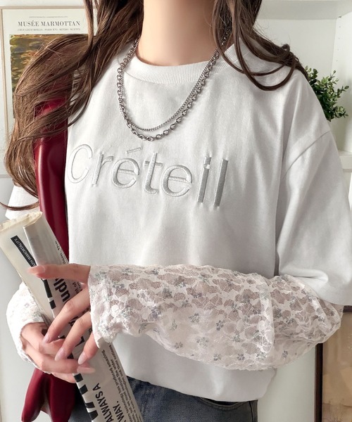 classicalelf（クラシカルエルフ）の「レースでカジュアルの中に女性らしさをプラス!レイヤード風レース袖ドッキングTシャツ（レース柄アソート）（Tシャツ/カットソー・レディース・チャコール/オフホワイト/ブラック・LARGE/MEDIUM/SMALL/X-LARGE）」の10枚目の写真