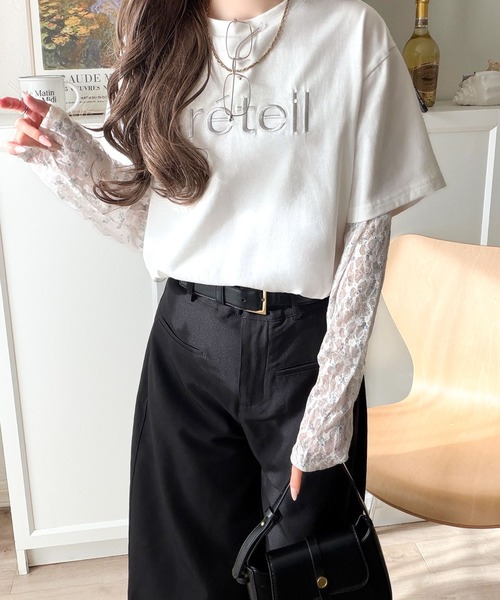 classicalelf（クラシカルエルフ）の「レースでカジュアルの中に女性らしさをプラス!レイヤード風レース袖ドッキングTシャツ（レース柄アソート）（Tシャツ/カットソー・レディース・チャコール/オフホワイト/ブラック・LARGE/MEDIUM/SMALL/X-LARGE）」の7枚目の写真