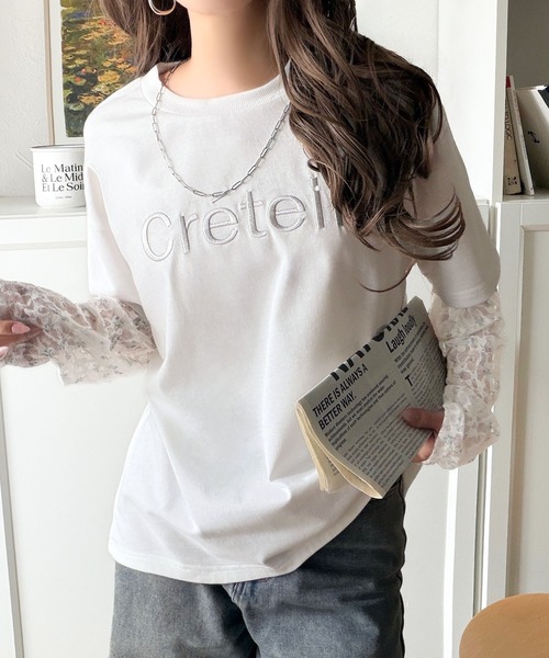 classicalelf（クラシカルエルフ）の「レースでカジュアルの中に女性らしさをプラス!レイヤード風レース袖ドッキングTシャツ（レース柄アソート）（Tシャツ/カットソー・レディース・チャコール/オフホワイト/ブラック・LARGE/MEDIUM/SMALL/X-LARGE）」の11枚目の写真