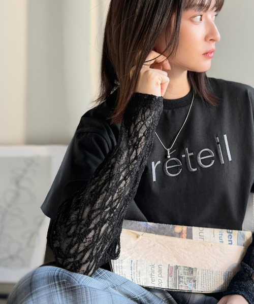 classicalelf（クラシカルエルフ）の「レースでカジュアルの中に女性らしさをプラス!レイヤード風レース袖ドッキングTシャツ（レース柄アソート）（Tシャツ/カットソー・レディース・チャコール/オフホワイト/ブラック・LARGE/MEDIUM/SMALL/X-LARGE）」の4枚目の写真