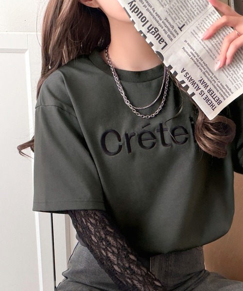 classicalelf（クラシカルエルフ）の「レースでカジュアルの中に女性らしさをプラス!レイヤード風レース袖ドッキングTシャツ（レース柄アソート）（Tシャツ/カットソー・レディース・チャコール/オフホワイト/ブラック・LARGE/MEDIUM/SMALL/X-LARGE）」の6枚目の写真