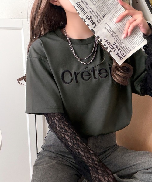 classicalelf（クラシカルエルフ）の「レースでカジュアルの中に女性らしさをプラス!レイヤード風レース袖ドッキングTシャツ（レース柄アソート）（Tシャツ/カットソー・レディース・チャコール/オフホワイト/ブラック・LARGE/MEDIUM/SMALL/X-LARGE）」の5枚目の写真