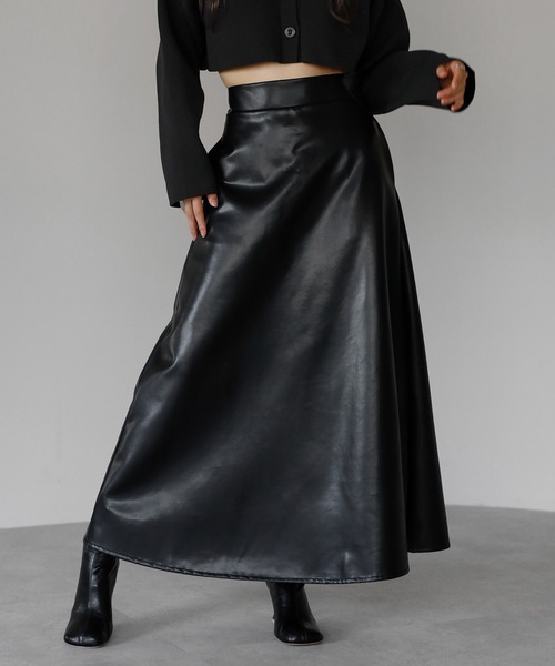 fake leather high waisted flare skirt / フェイクレザーハイウエスト fake leather high waisted flare skirt / フェイクレザーハイウエスト