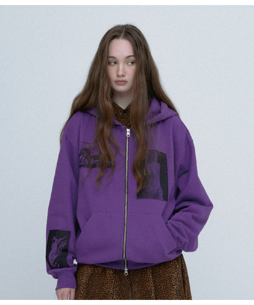 Graphic Applique Zip‑Up Hoodie (purple)