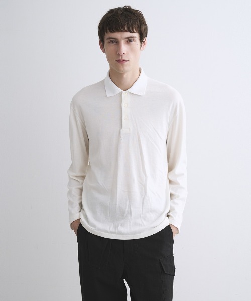 three dots(スリードッツ)の「コットンウール 長袖ポロシャツ(ポロシャツ・メンズ・ホワイト系その他・SMALL/MEDIUM/LARGE)」の1枚目の写真