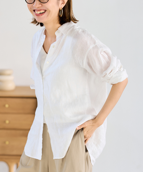 FRAMeWORK(フレームワーク)の「≪新色 / 追加≫フレンチリネンレギュラーシャツ(シャツ/ブラウス・レディース・ホワイト/ブラウン/グリーン/ピンク/ブルー/ネイビー/ダークブルー・FREE)」の9枚目の写真