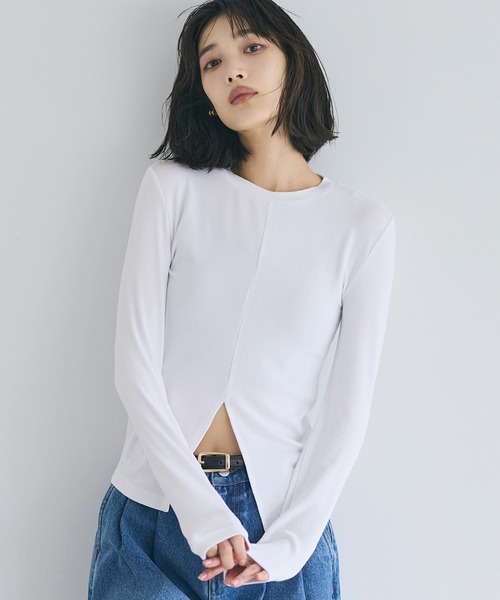 coca(coca)(コカ)の「とろみリブスリットトップス(Tシャツ/カットソー・レディース・ホワイト/チャコール・S/M/L)」の1枚目の写真